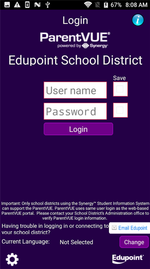 ParentVue login screen